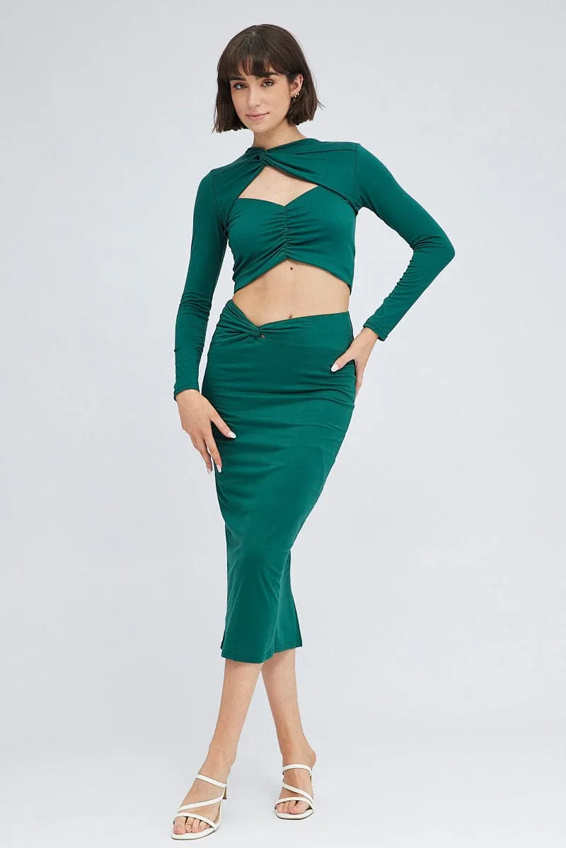 Green Top Long Sleeves Twisted Neck