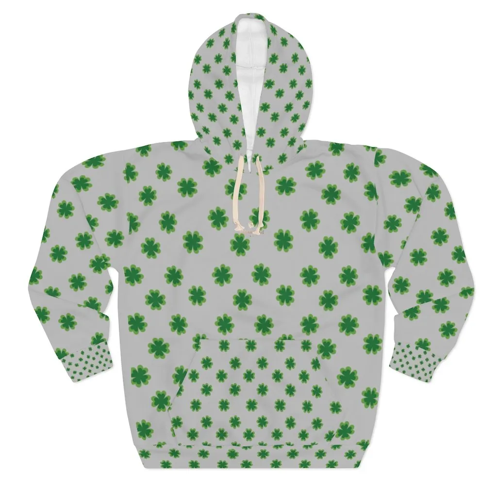 Grey Green Clover Unisex Hoodies, Light Gray Green Clover St. Patrick's Day Unisex Pullover Hoodie For Men/Women- Made in USA