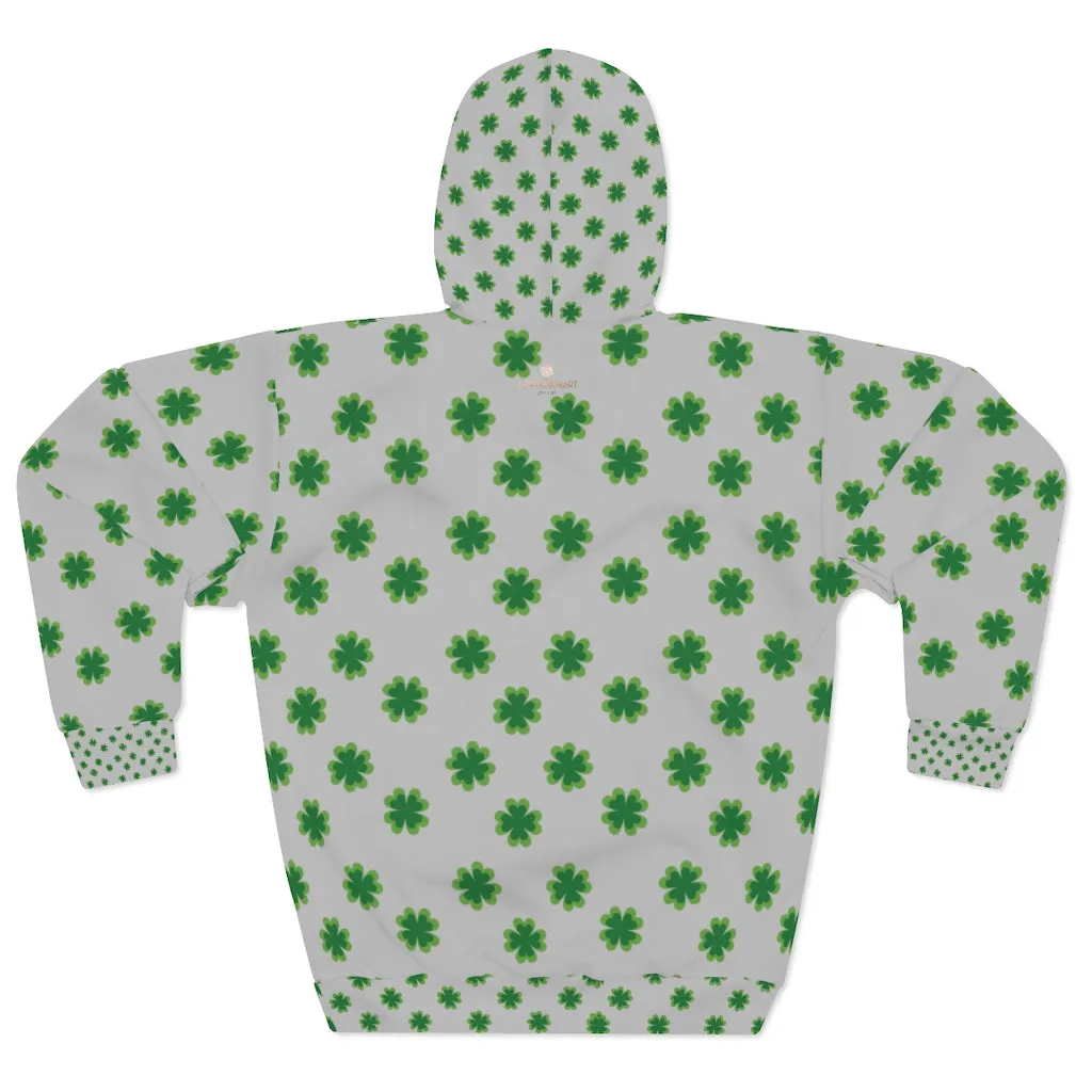 Grey Green Clover Unisex Hoodies, Light Gray Green Clover St. Patrick's Day Unisex Pullover Hoodie For Men/Women- Made in USA