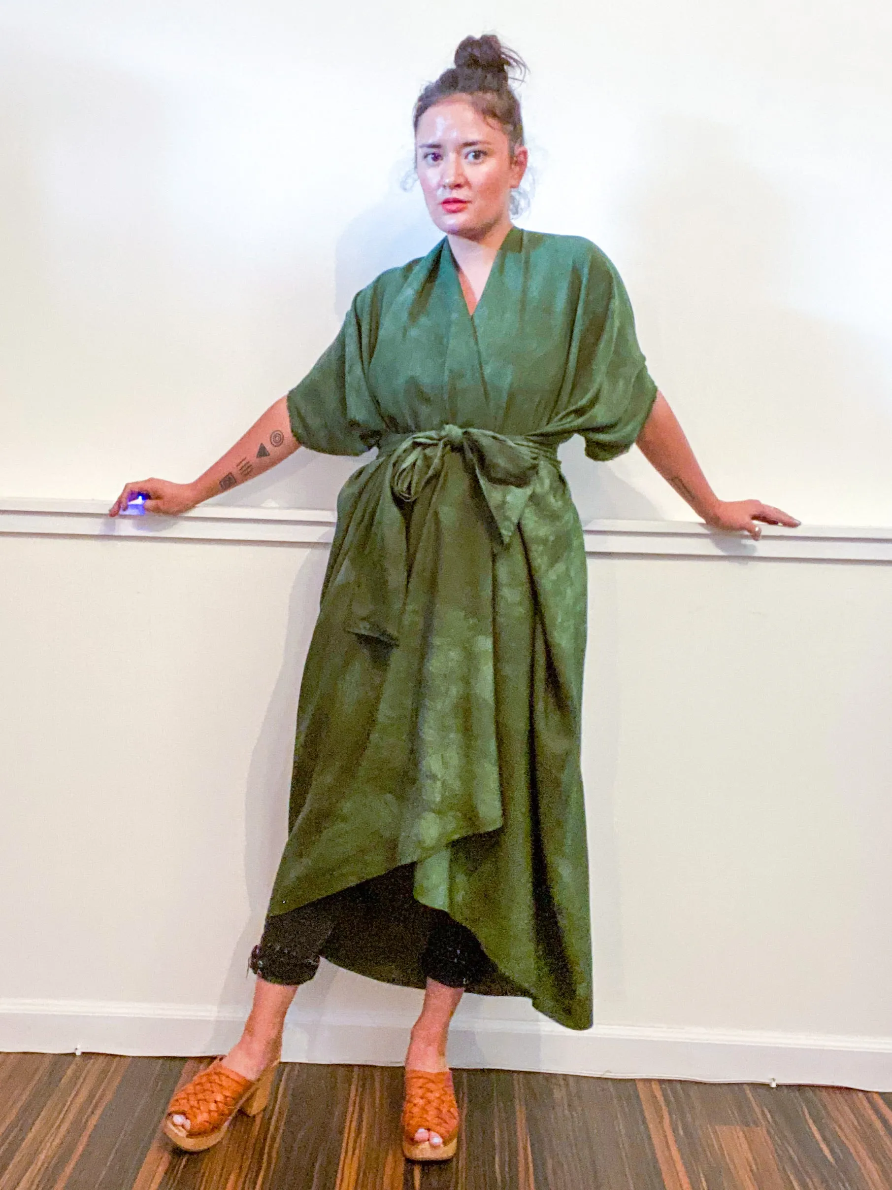 Hand-Dyed High Low Kimono Almost Solid Green