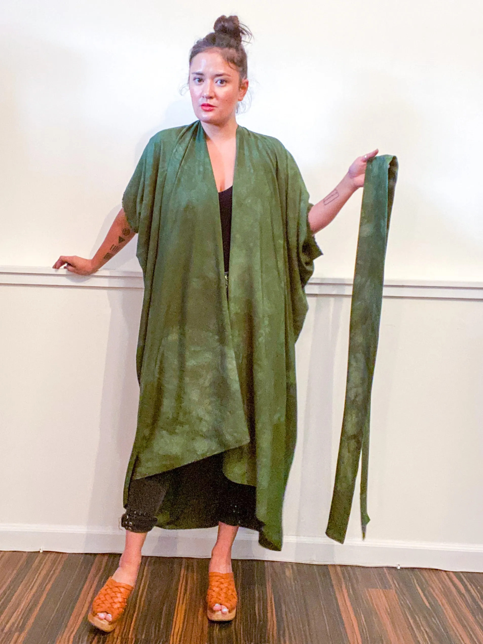 Hand-Dyed High Low Kimono Almost Solid Green