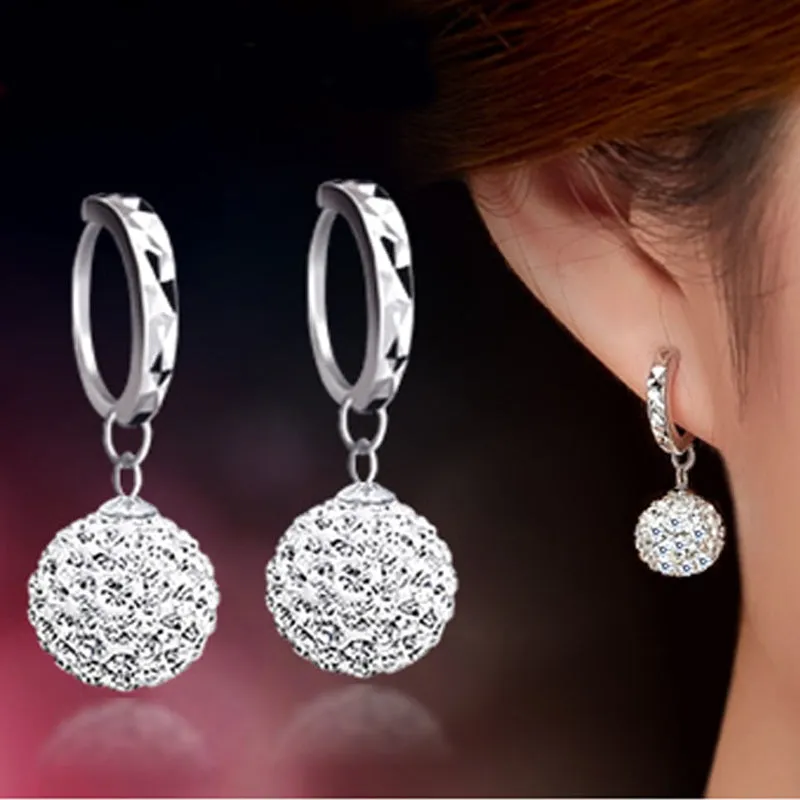 High Quality Luxury Super Flash Full Bling Crystal Shamballa Princess Ball Silver Women Stud Earrings Party Jewelry