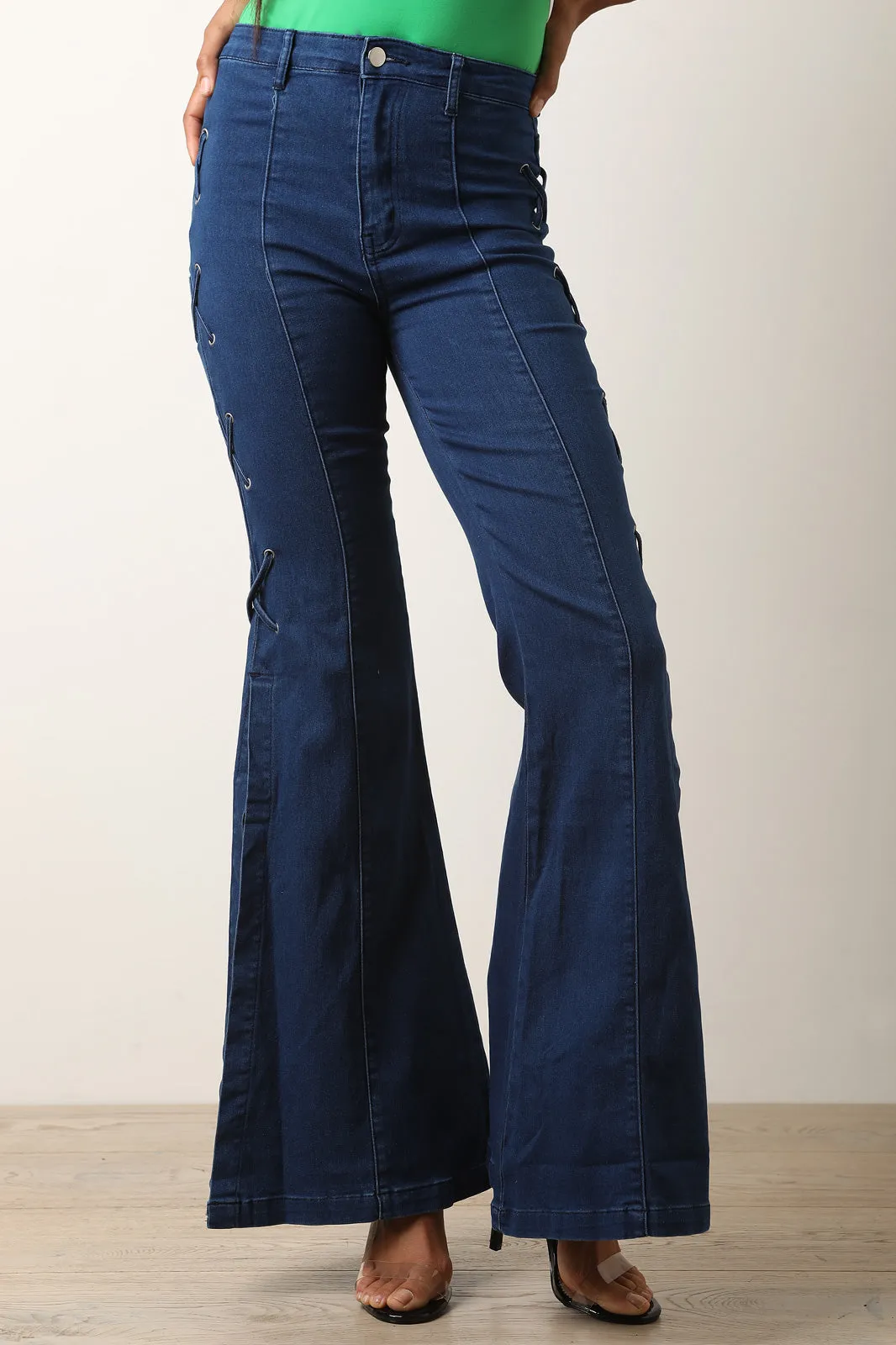 High Waisted Side Lace-Up Flared Denim Pants