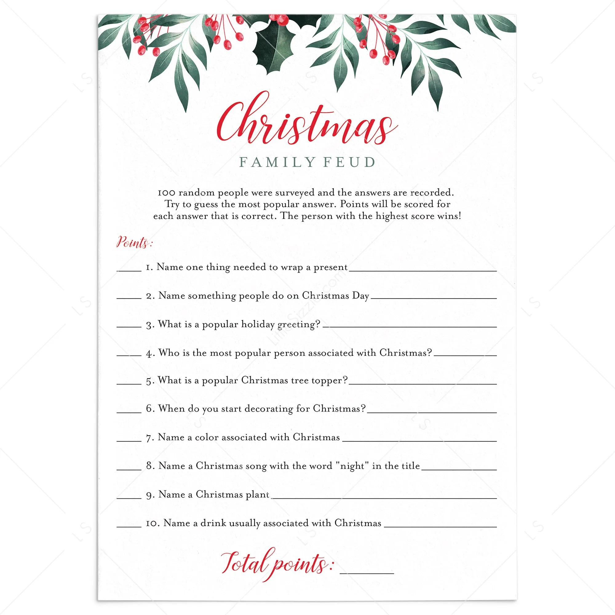 Holiday Family Feud Game Printable