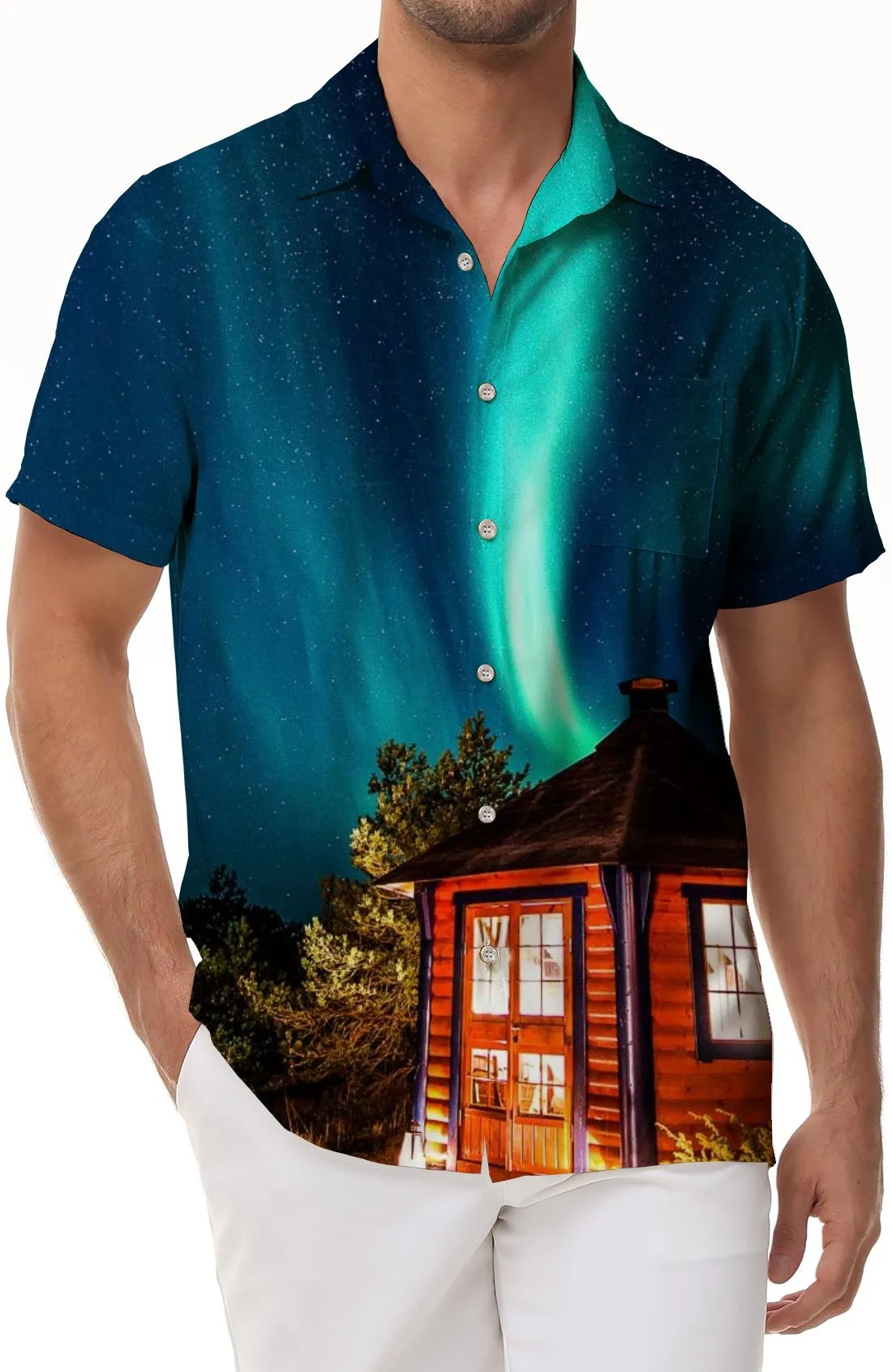 Iceland Beautiful Aurora Casual Men's Hawaiian Button Short Sleeve Shirt Beach Shirt Starlight