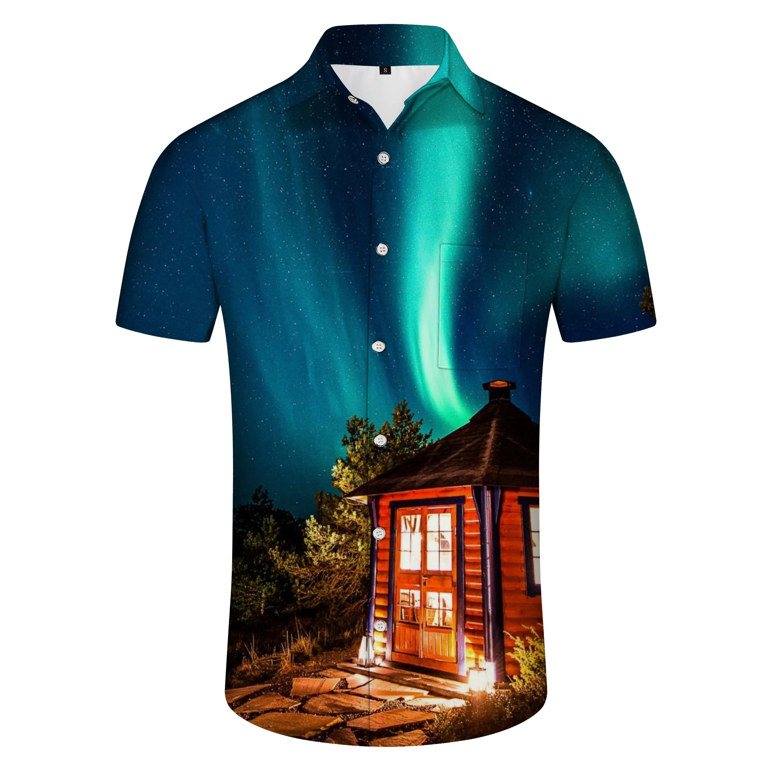 Iceland Beautiful Aurora Casual Men's Hawaiian Button Short Sleeve Shirt Beach Shirt Starlight