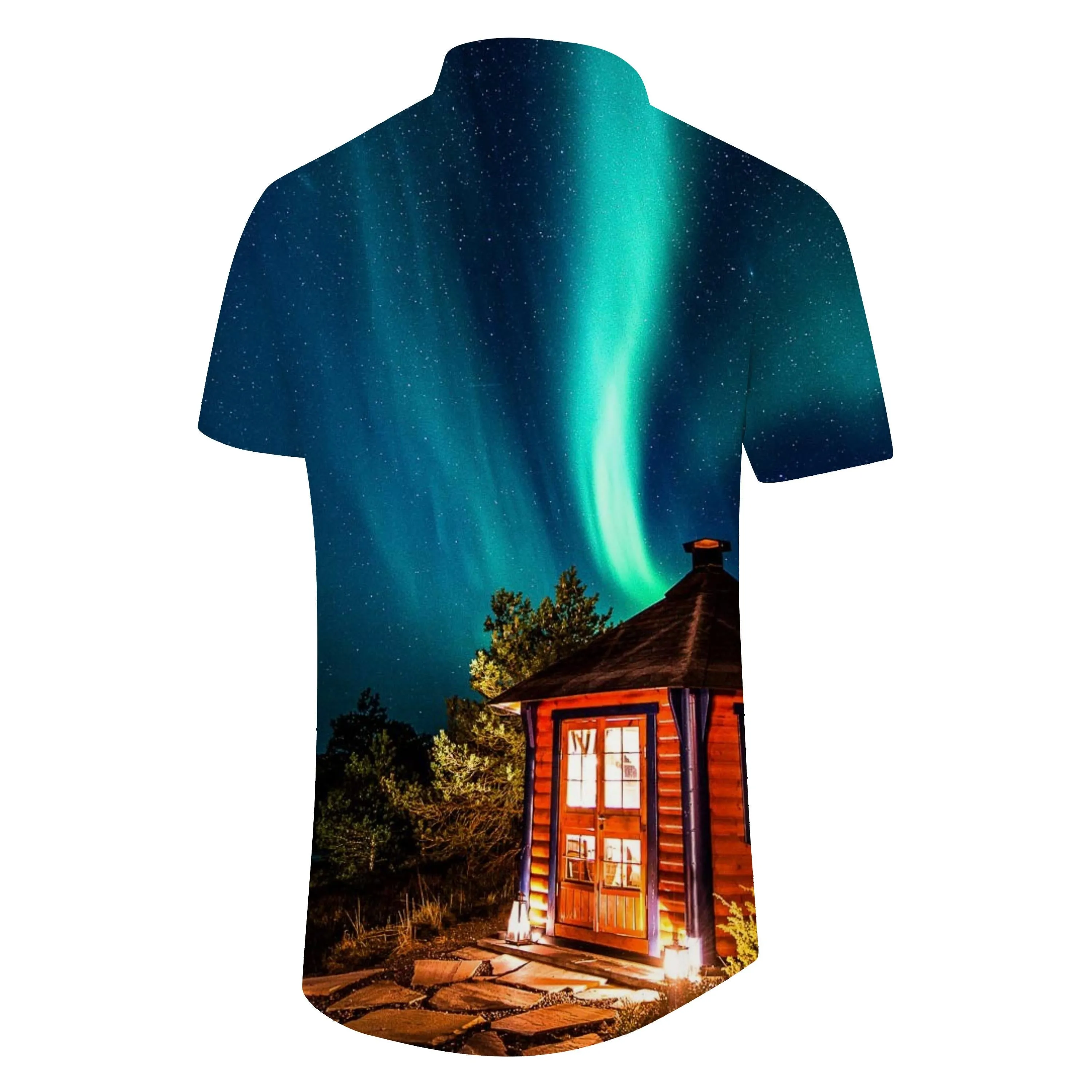 Iceland Beautiful Aurora Casual Men's Hawaiian Button Short Sleeve Shirt Beach Shirt Starlight