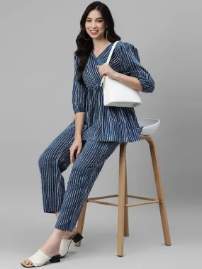 Indigo Stripes Flared Tunic & Straight Pants Set