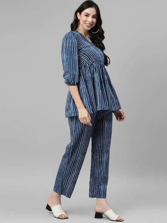 Indigo Stripes Flared Tunic & Straight Pants Set