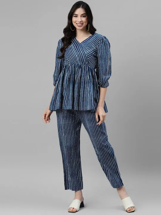 Indigo Stripes Flared Tunic & Straight Pants Set