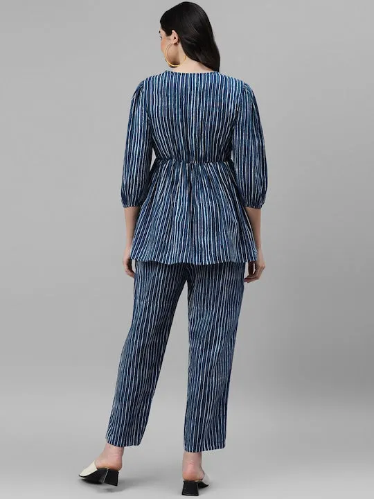 Indigo Stripes Flared Tunic & Straight Pants Set