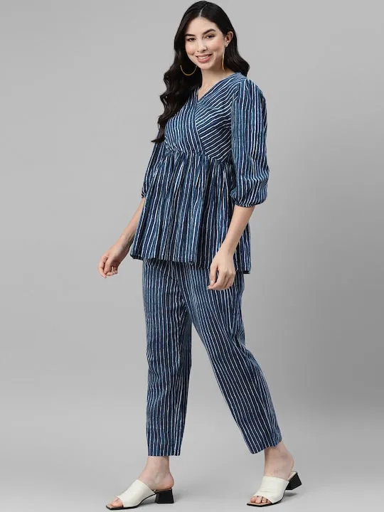 Indigo Stripes Flared Tunic & Straight Pants Set