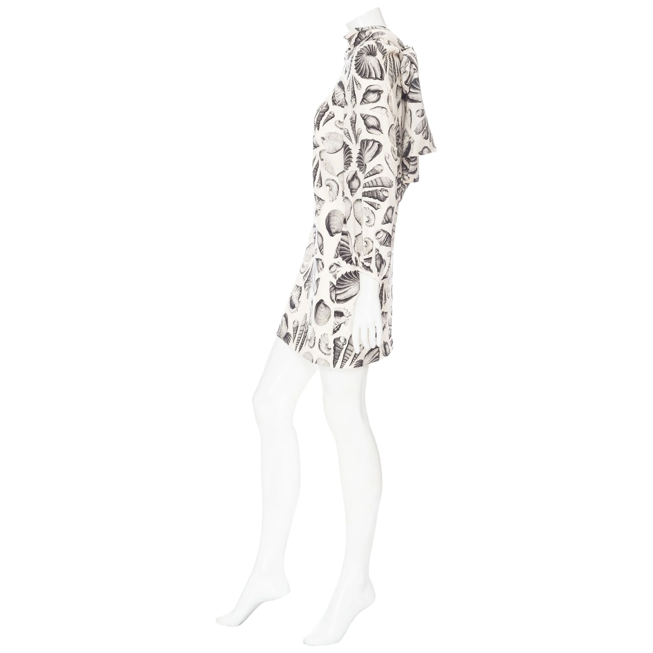 Ivory and Black Crêpe de Chine Seashell Print Scarf-Tie Dress