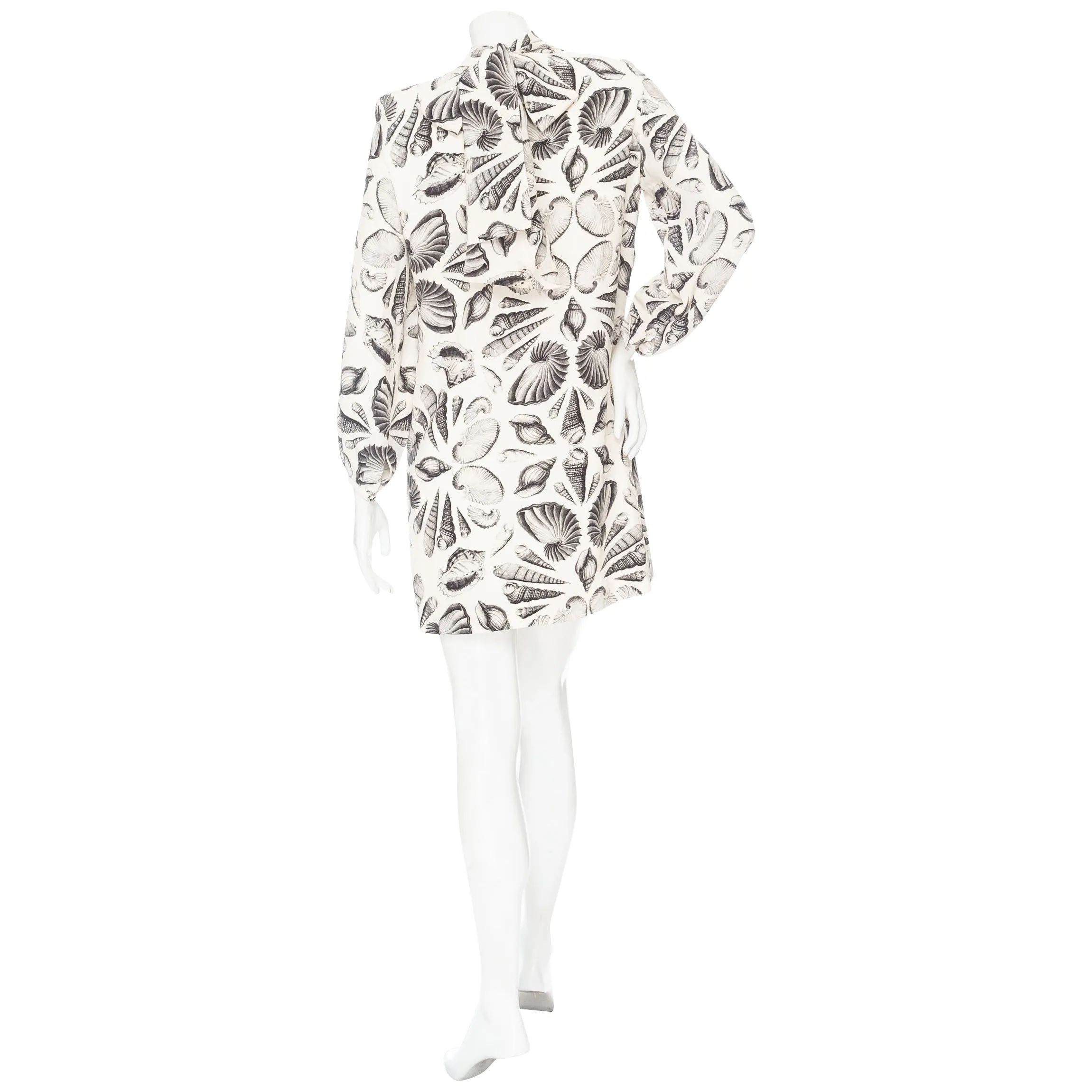 Ivory and Black Crêpe de Chine Seashell Print Scarf-Tie Dress