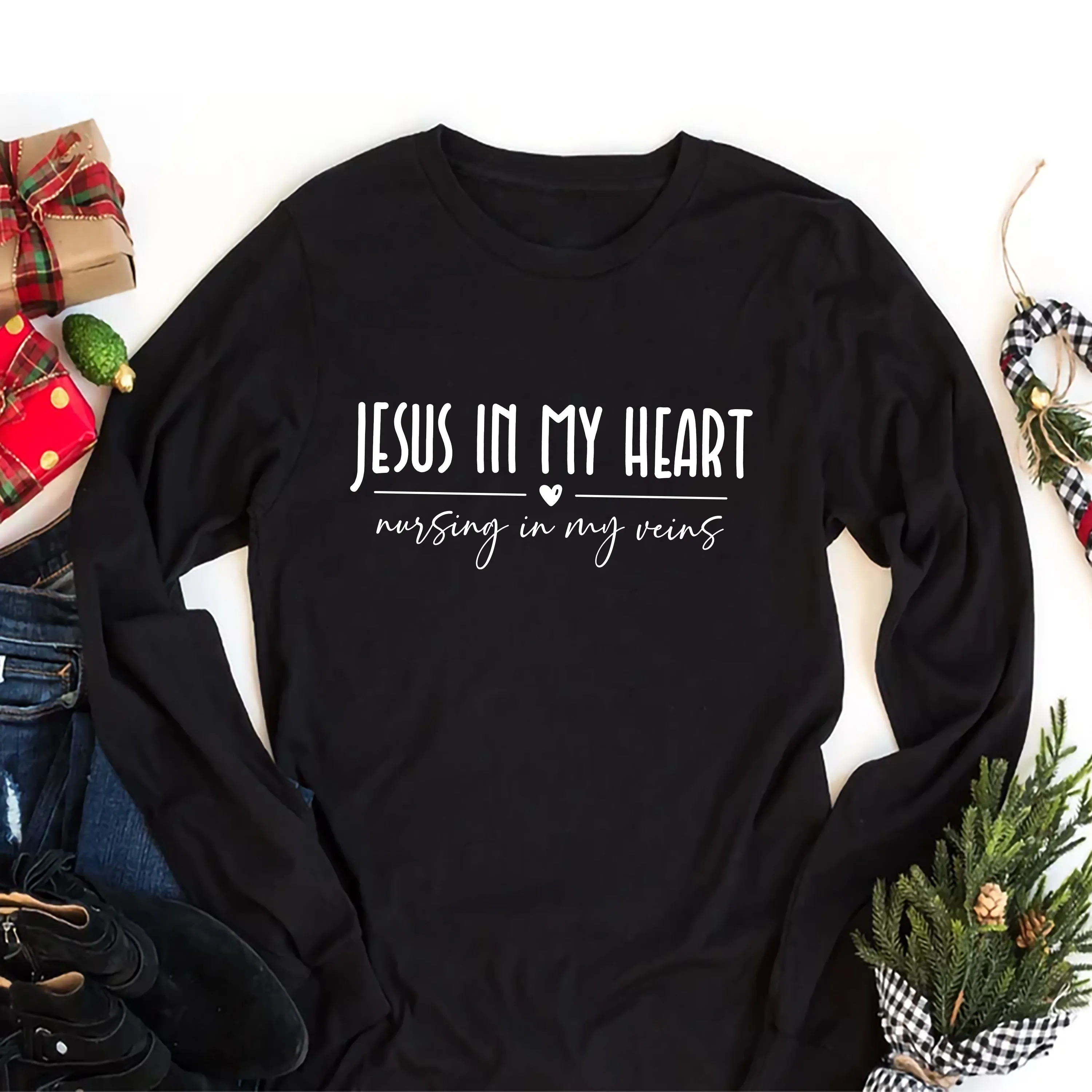 Jesus In My Heart Nursing In My Veins Long Sleeve Shirt, Jesus Nurse Shirt