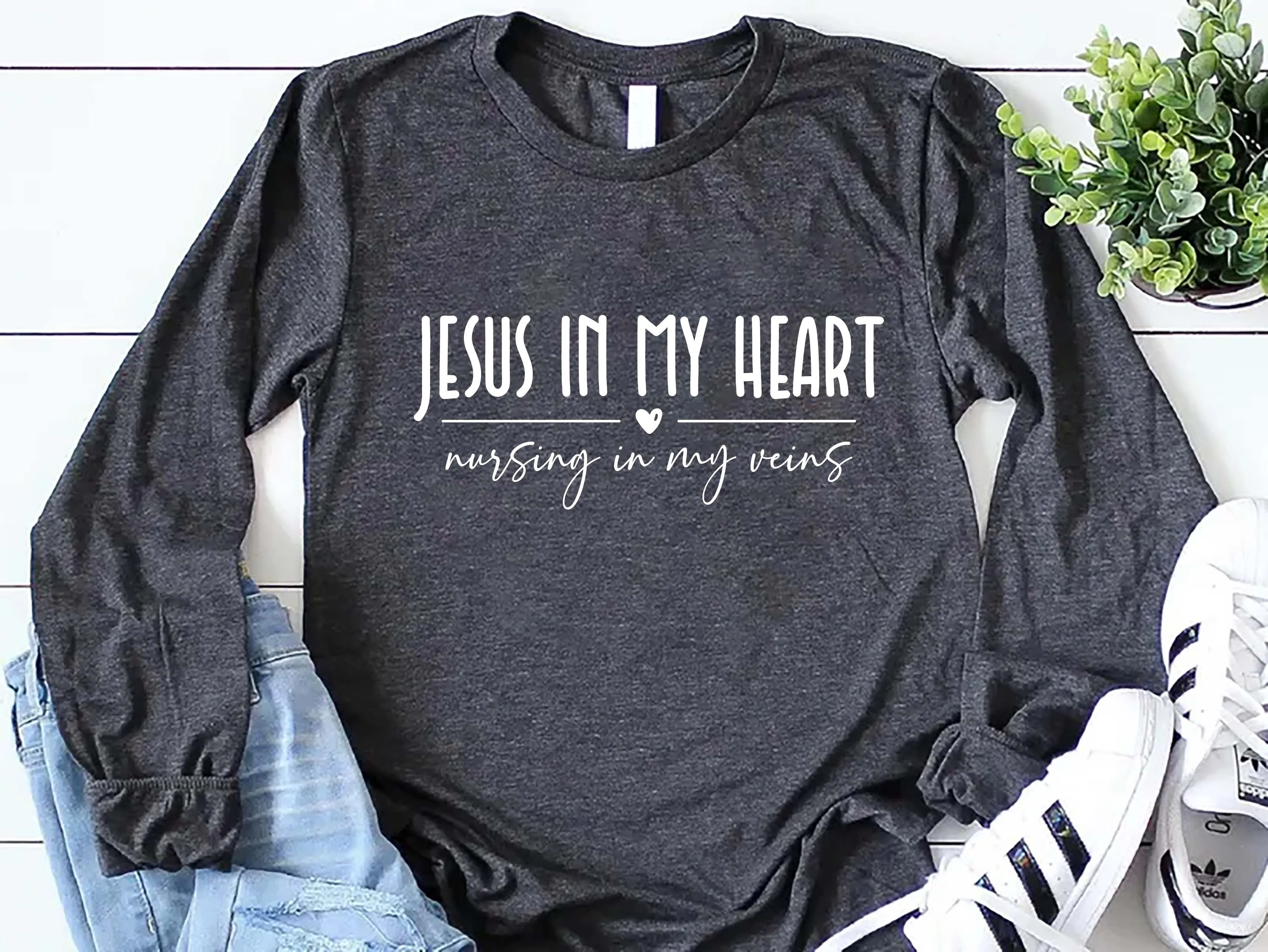 Jesus In My Heart Nursing In My Veins Long Sleeve Shirt, Jesus Nurse Shirt