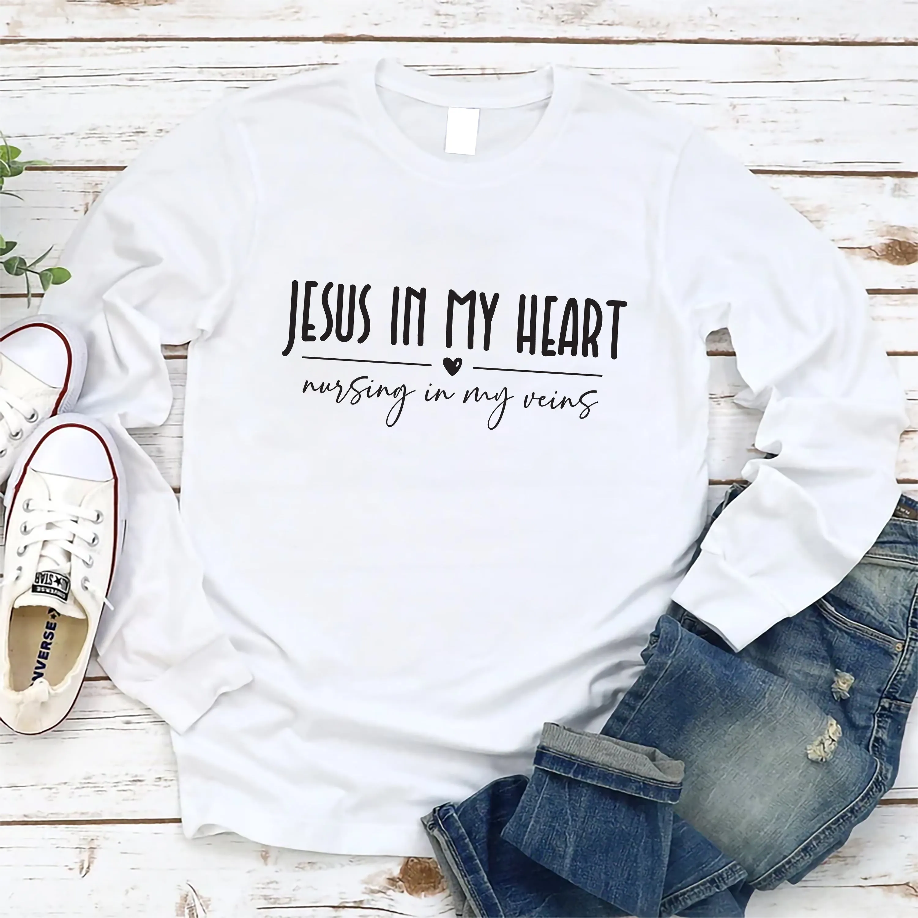 Jesus In My Heart Nursing In My Veins Long Sleeve Shirt, Jesus Nurse Shirt