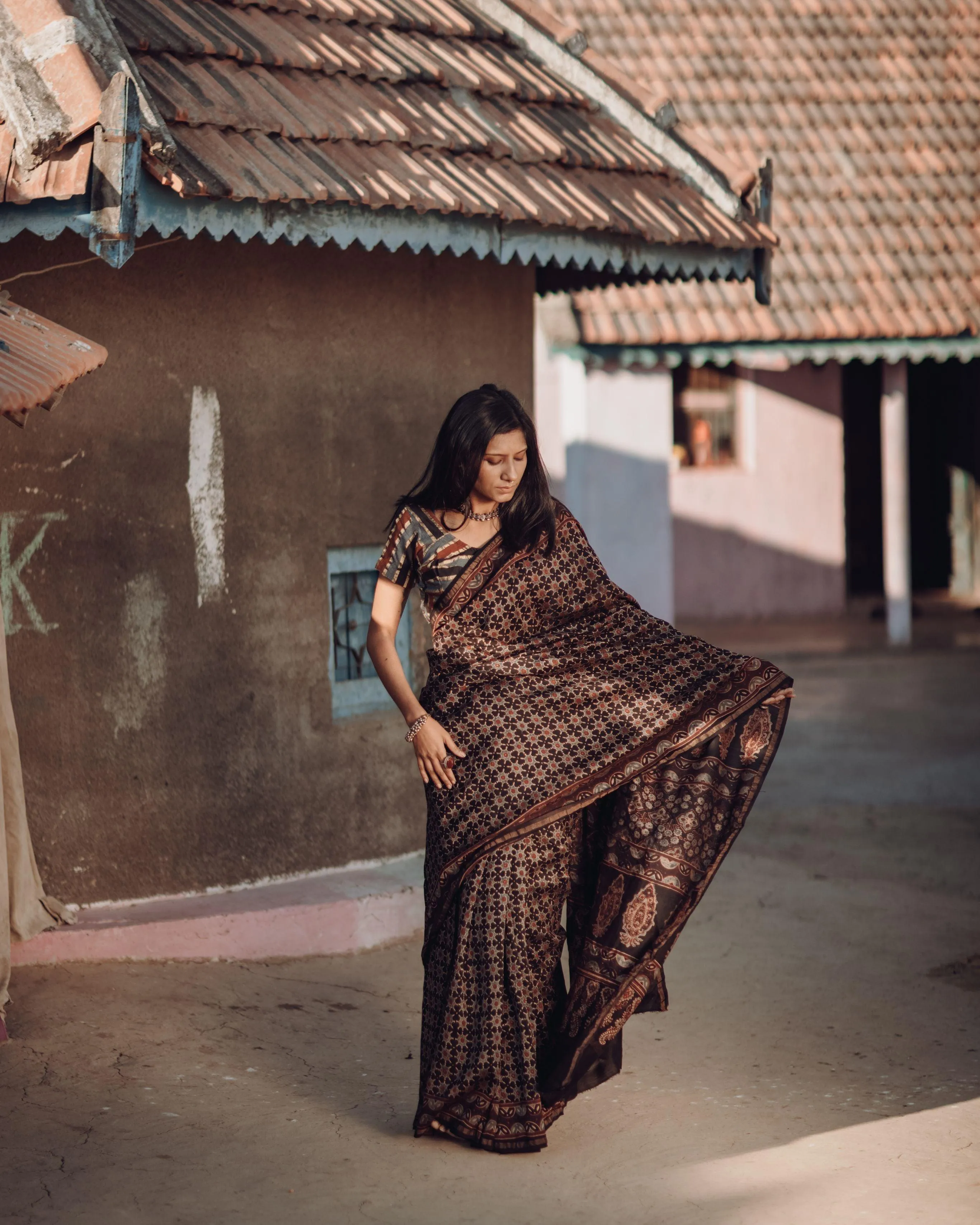 Jharokha -Black silk cotton Ajrakh handblockprinted saree