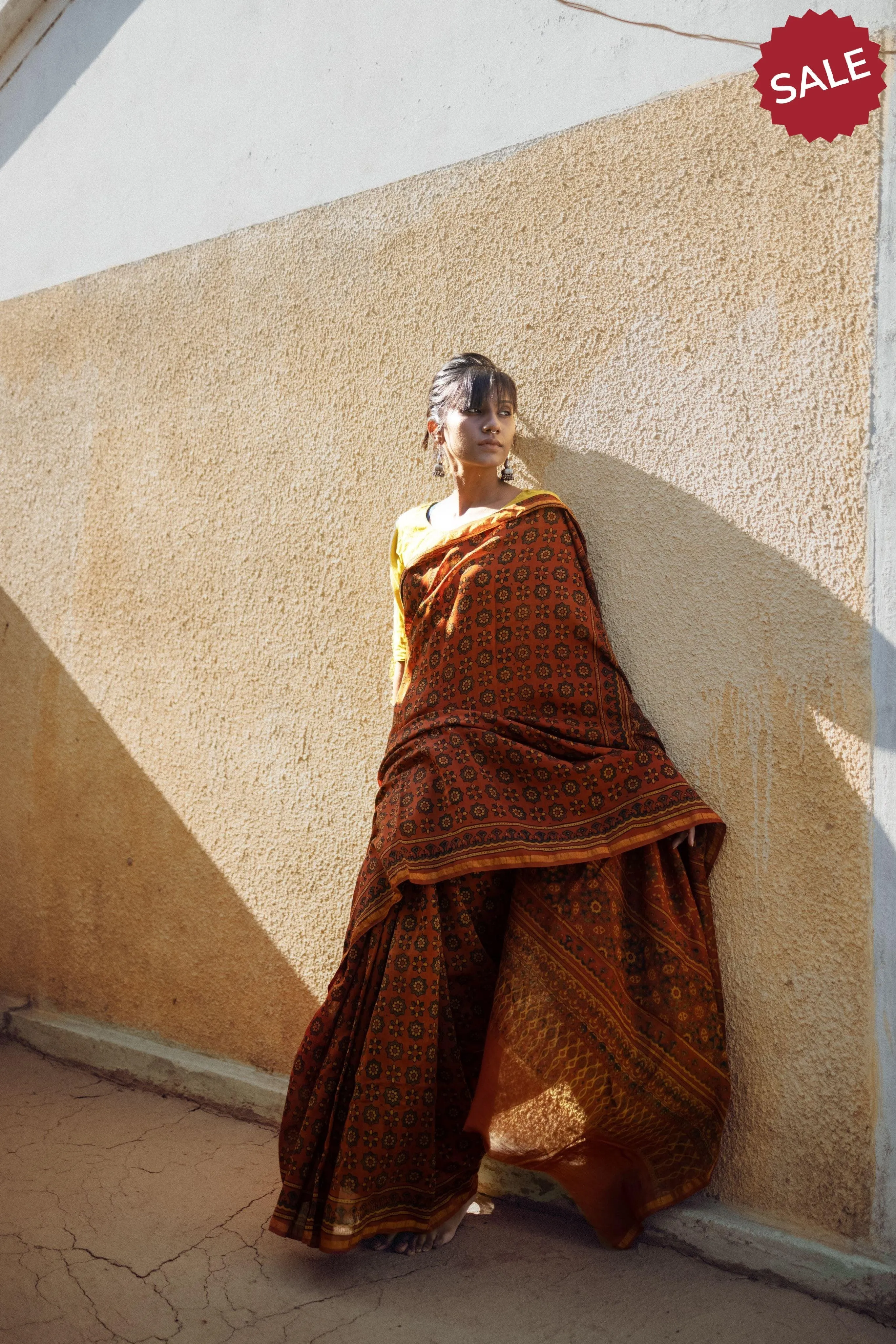 Jharokha -Orange green silk cotton Ajrakh handblockprinted saree