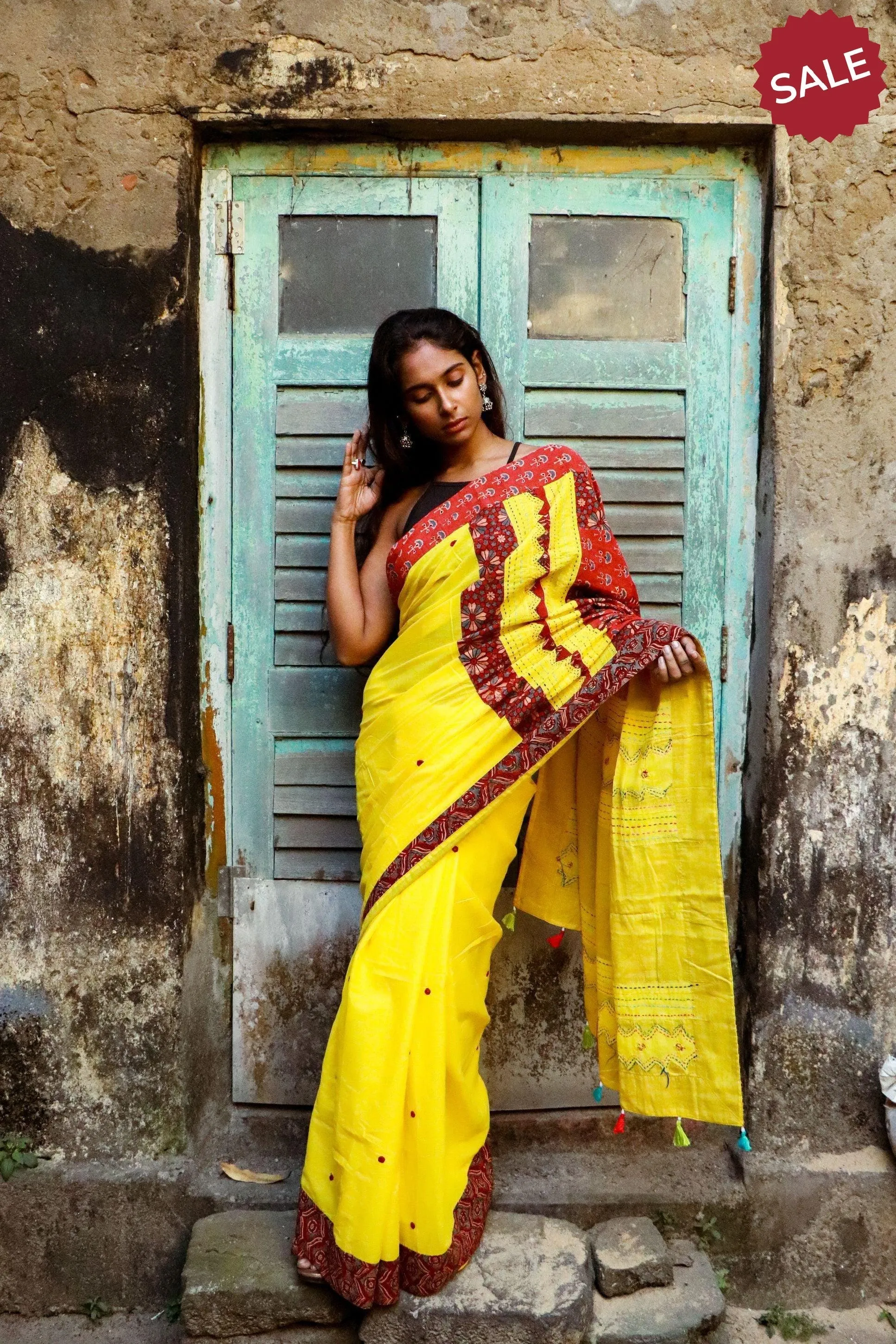 Jharokha -  Yellow and Red Ajrakh handblockprinted patchwork Gudri saree