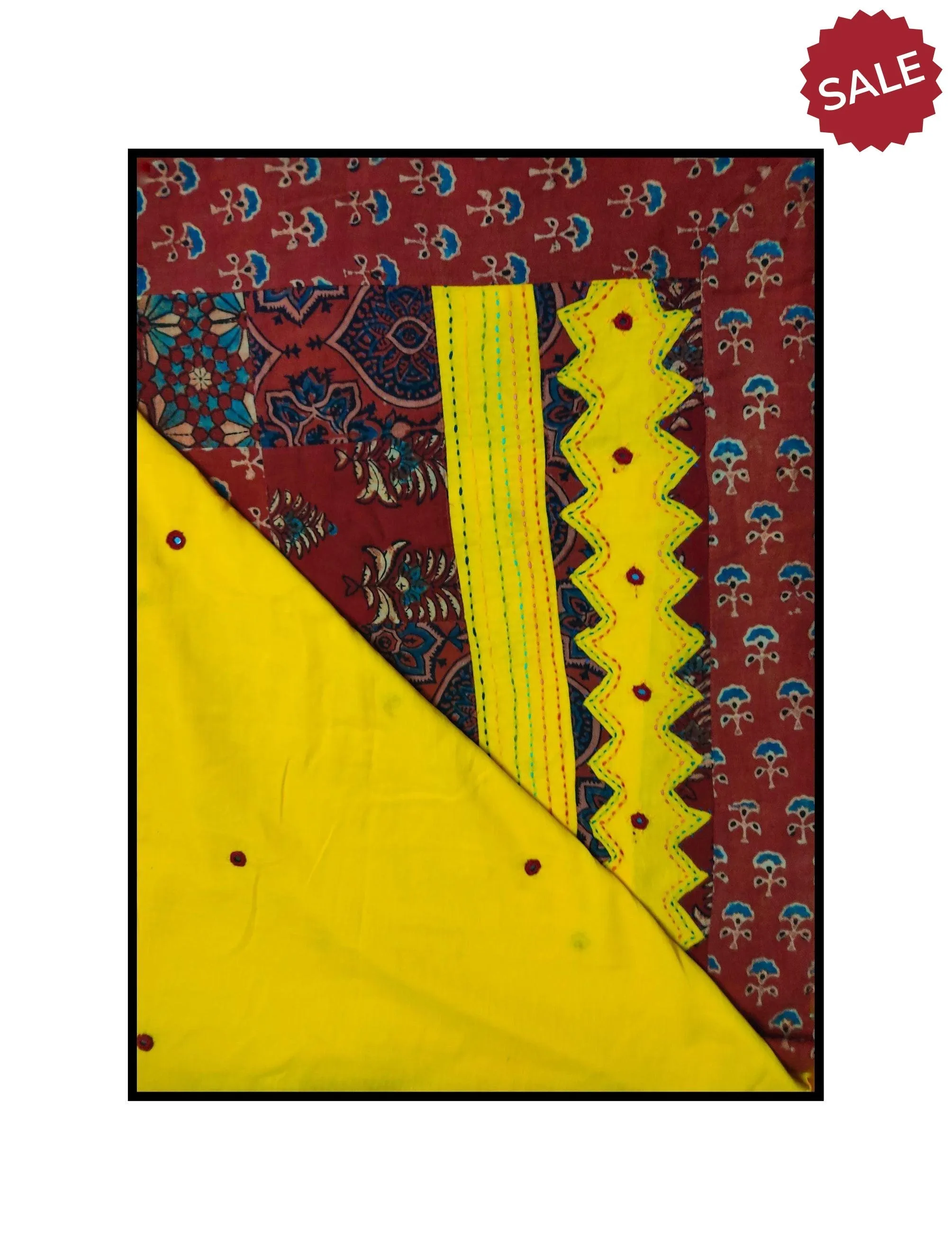 Jharokha -  Yellow and Red Ajrakh handblockprinted patchwork Gudri saree