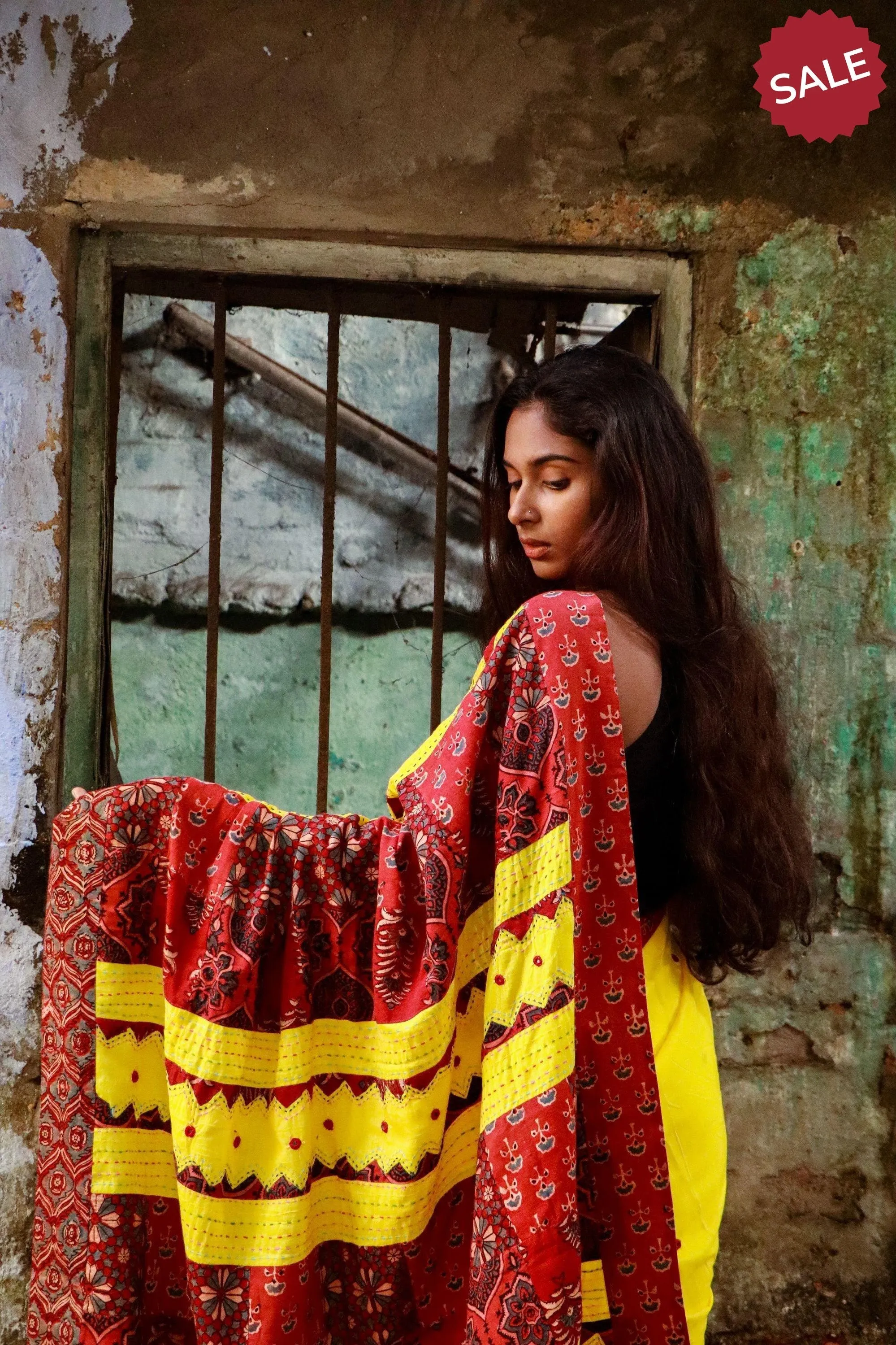 Jharokha -  Yellow and Red Ajrakh handblockprinted patchwork Gudri saree