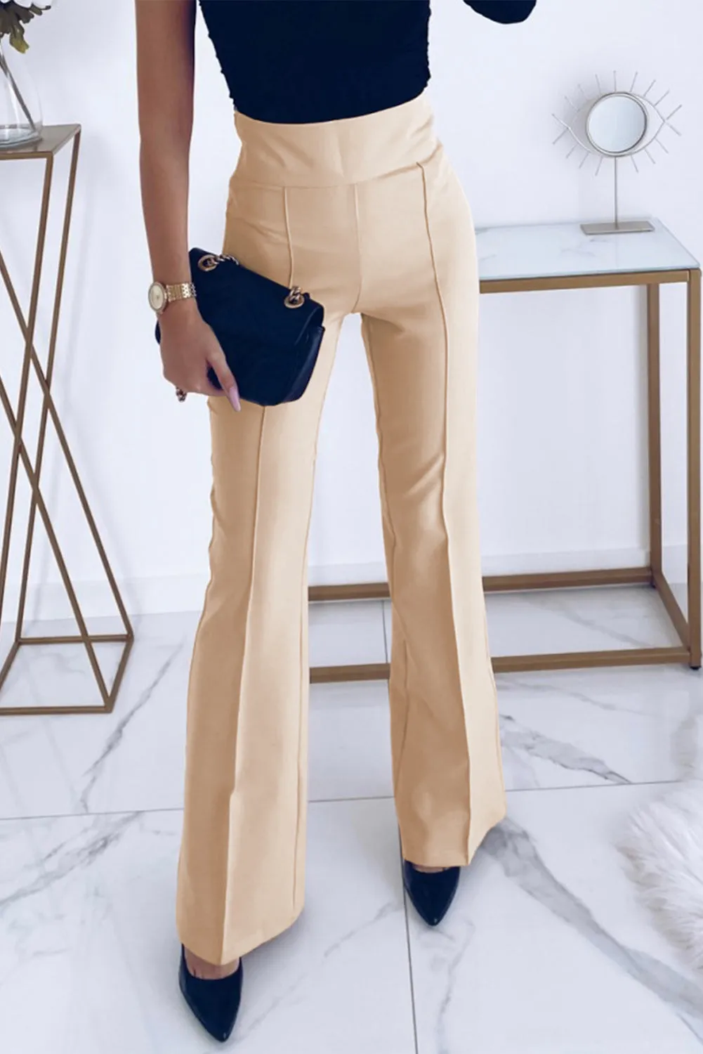 Khaki Solid Color High Waist Flared Leg Pants