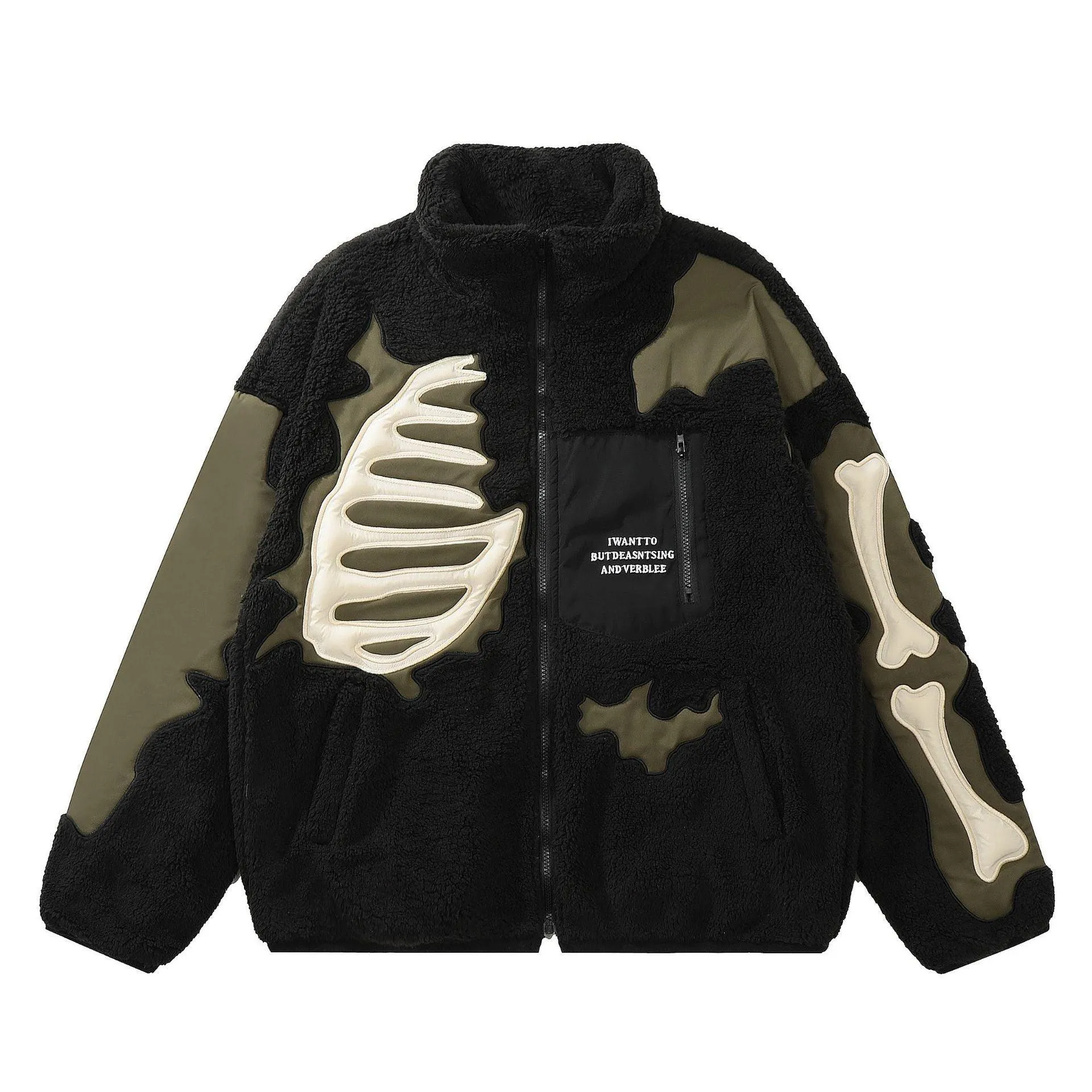 Lamb Wool Stitching Skeleton Embroidered Cotton-Padded Winter Coat - American Retro Style