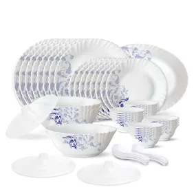 Larah by Borosil Blue Eve Silk Series Opalware Dinner Set | 47 Pieces for Family of 8 | Microwave & Dishwasher Safe | Bone-Ash Free | Crockery Set for Dining & Gifting | Plates & Bowls | White