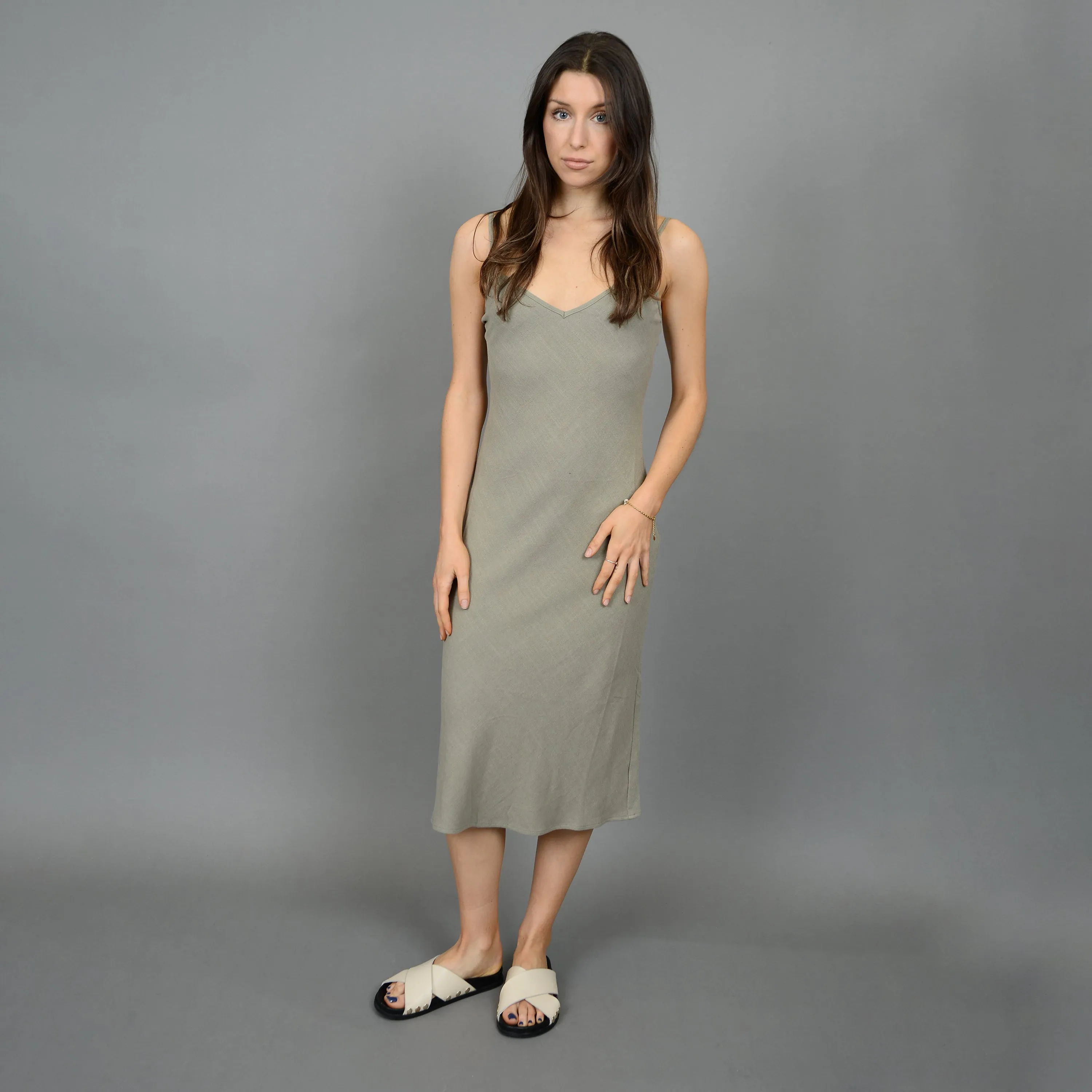 Layla Linen Blend Shoulder Strap Dress | Moss