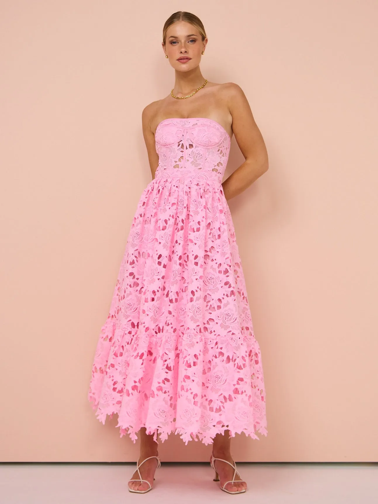 Leo Lin Emilia Lace Bustier Midi Dress in Candy Pink