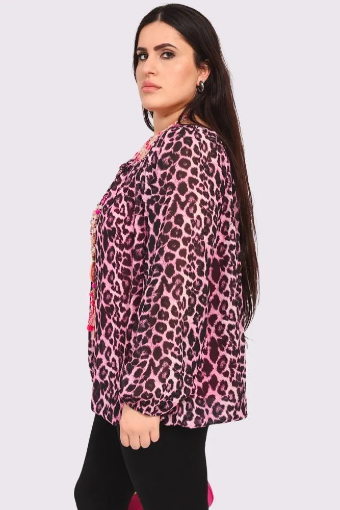 Leopard Print Oversized Drawstring Neckline Top