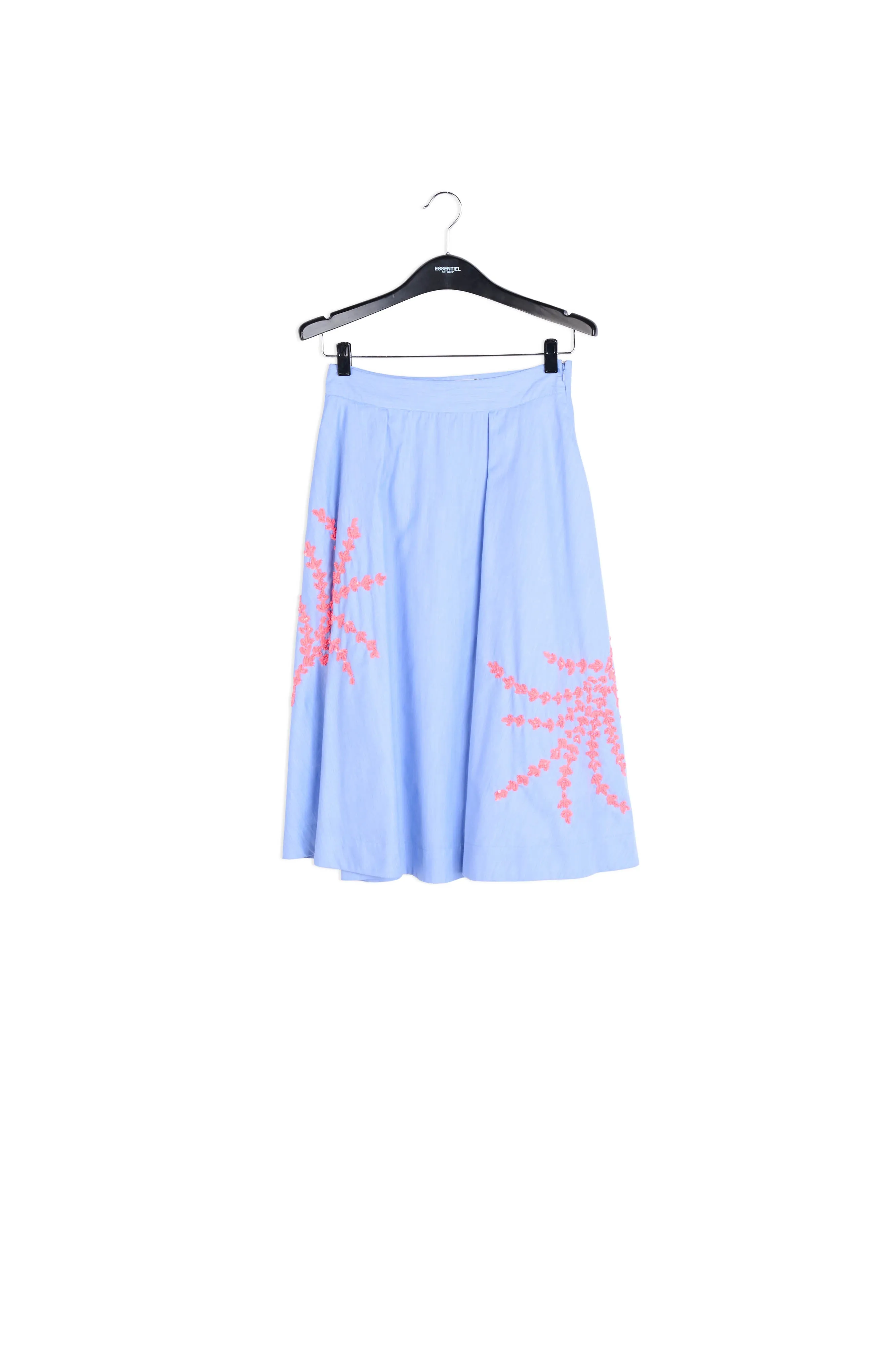 Light blue midi skirt with pink embroidery detail