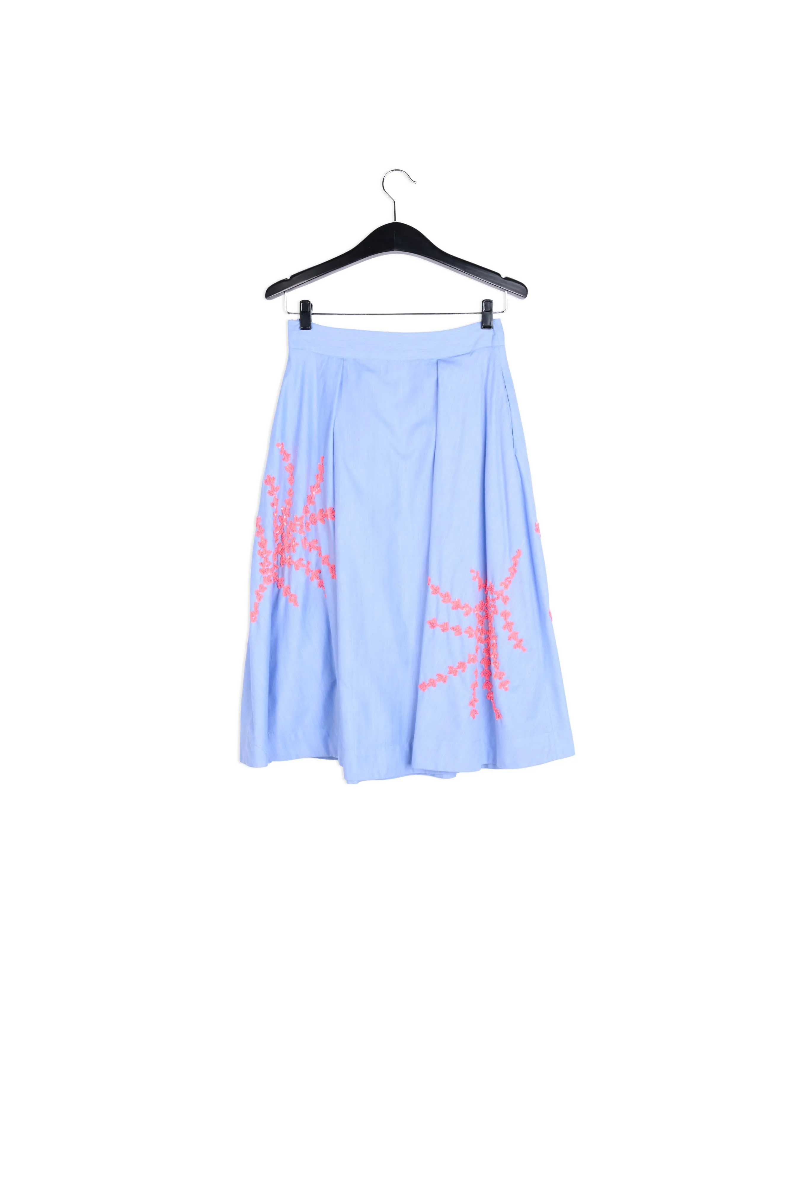 Light blue midi skirt with pink embroidery detail