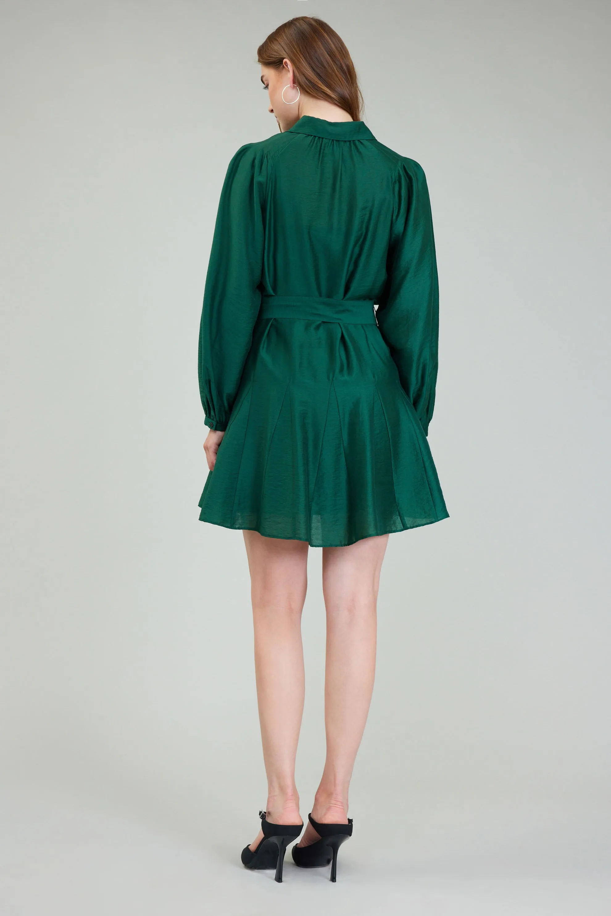 Lustrous Belted Mini Dress- Jewel Green