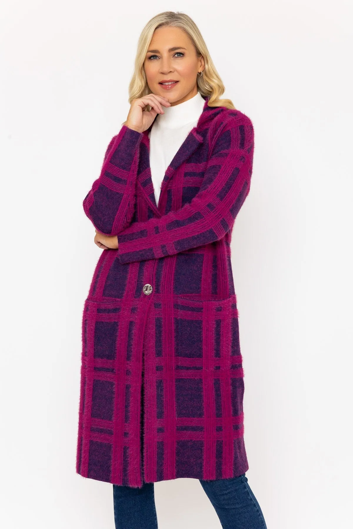 Magenta Pink Plaid Printed Coatigan