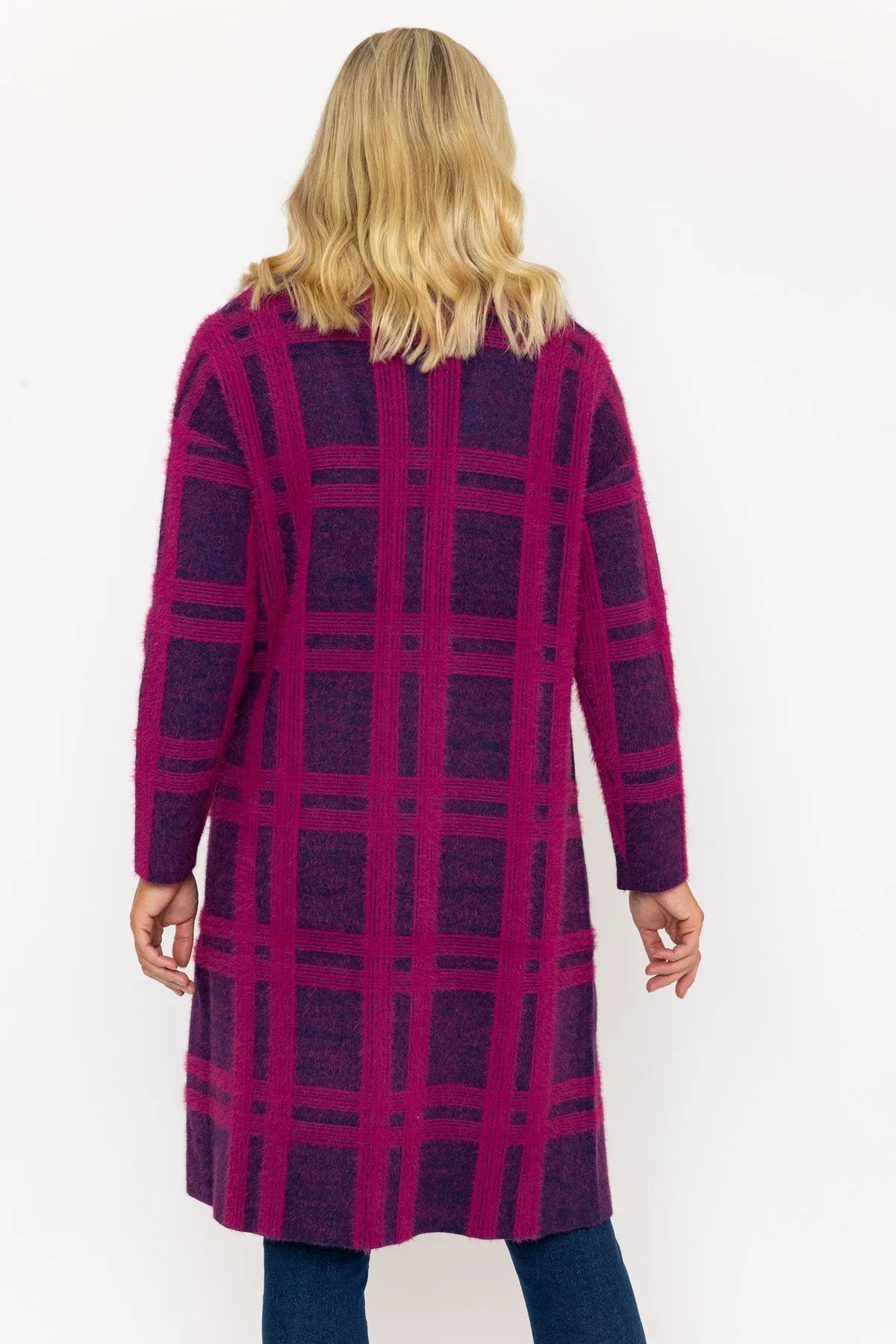 Magenta Pink Plaid Printed Coatigan