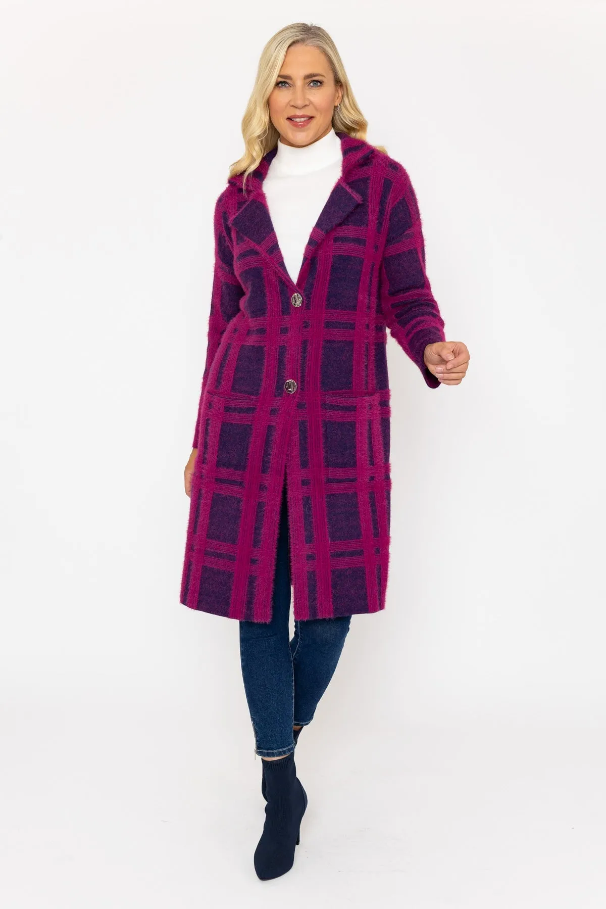 Magenta Pink Plaid Printed Coatigan