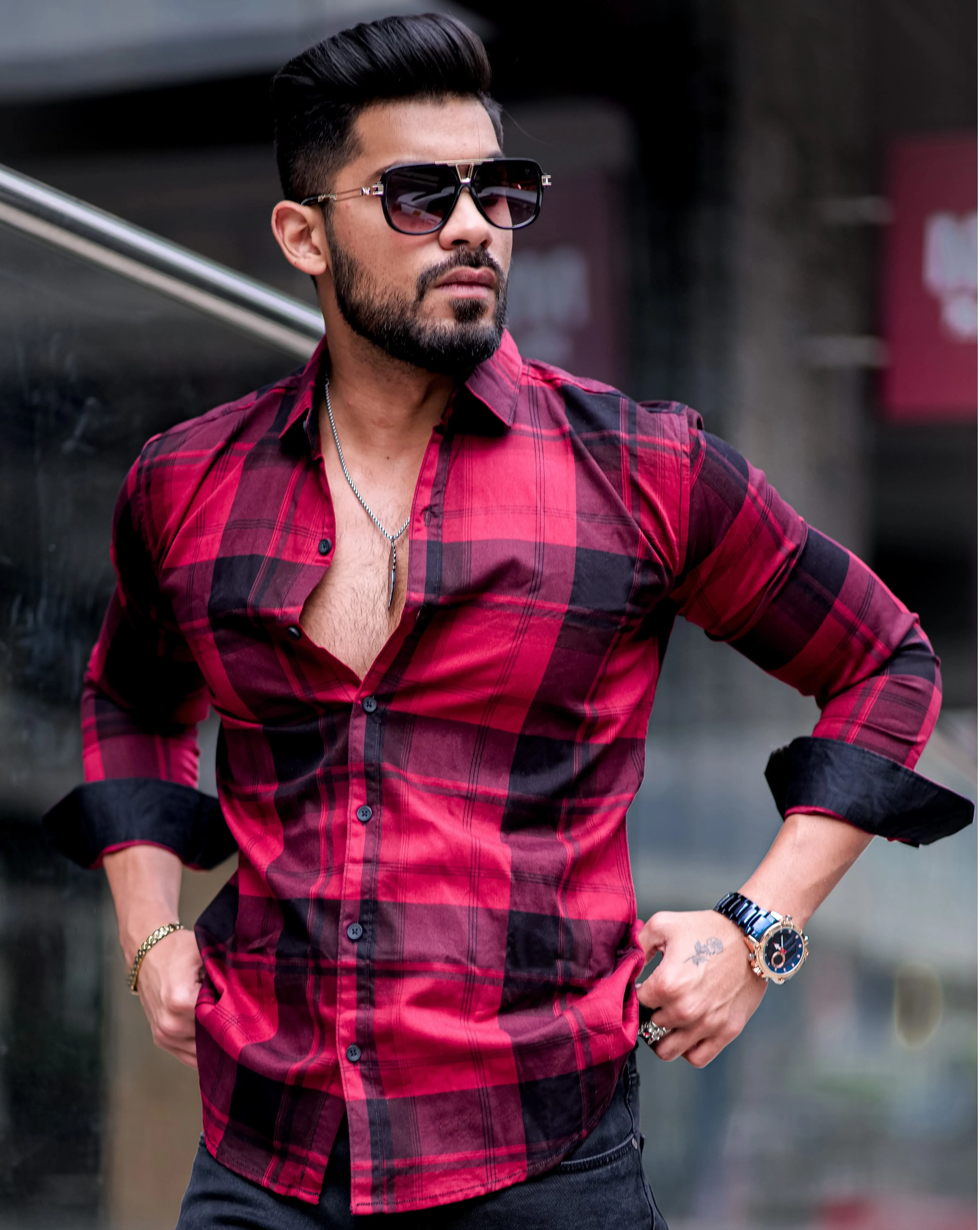 Maroon Checkered Cotton Shirt