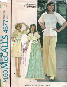 McCall's 4577 Womens Hippie Top Maxi Skirt & Wide Leg Palazzo Pants 1970s Vintage Sewing Pattern Sizes 10 Bust 32.5 Inches