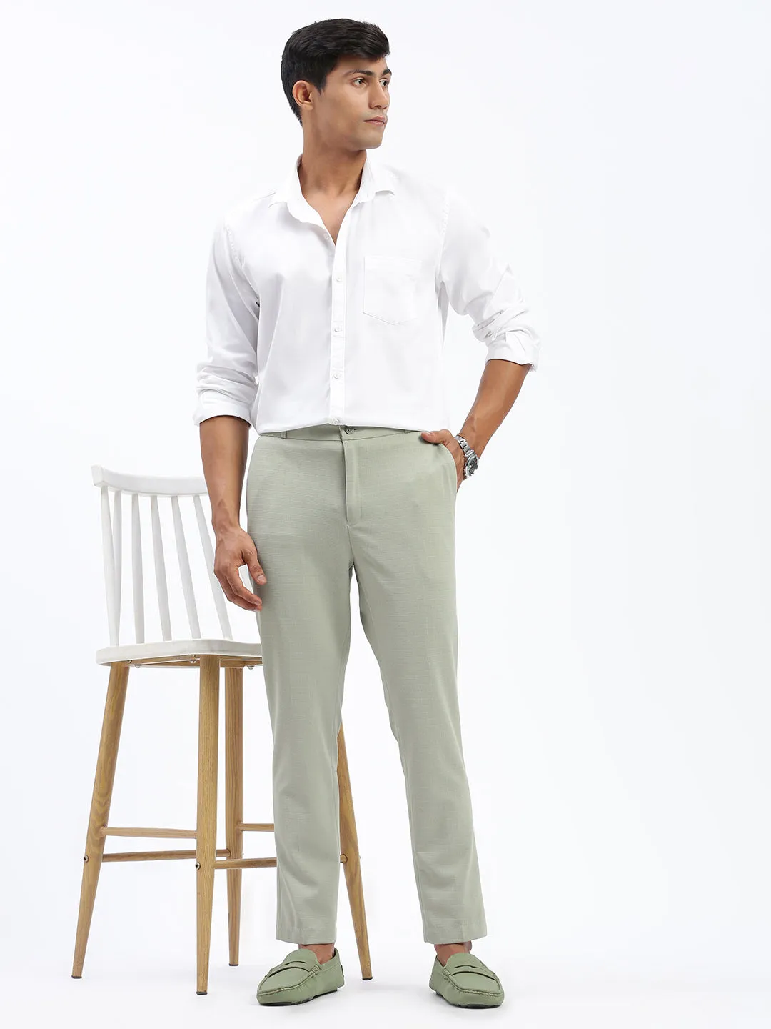 Men Solid Green Formal Trousers