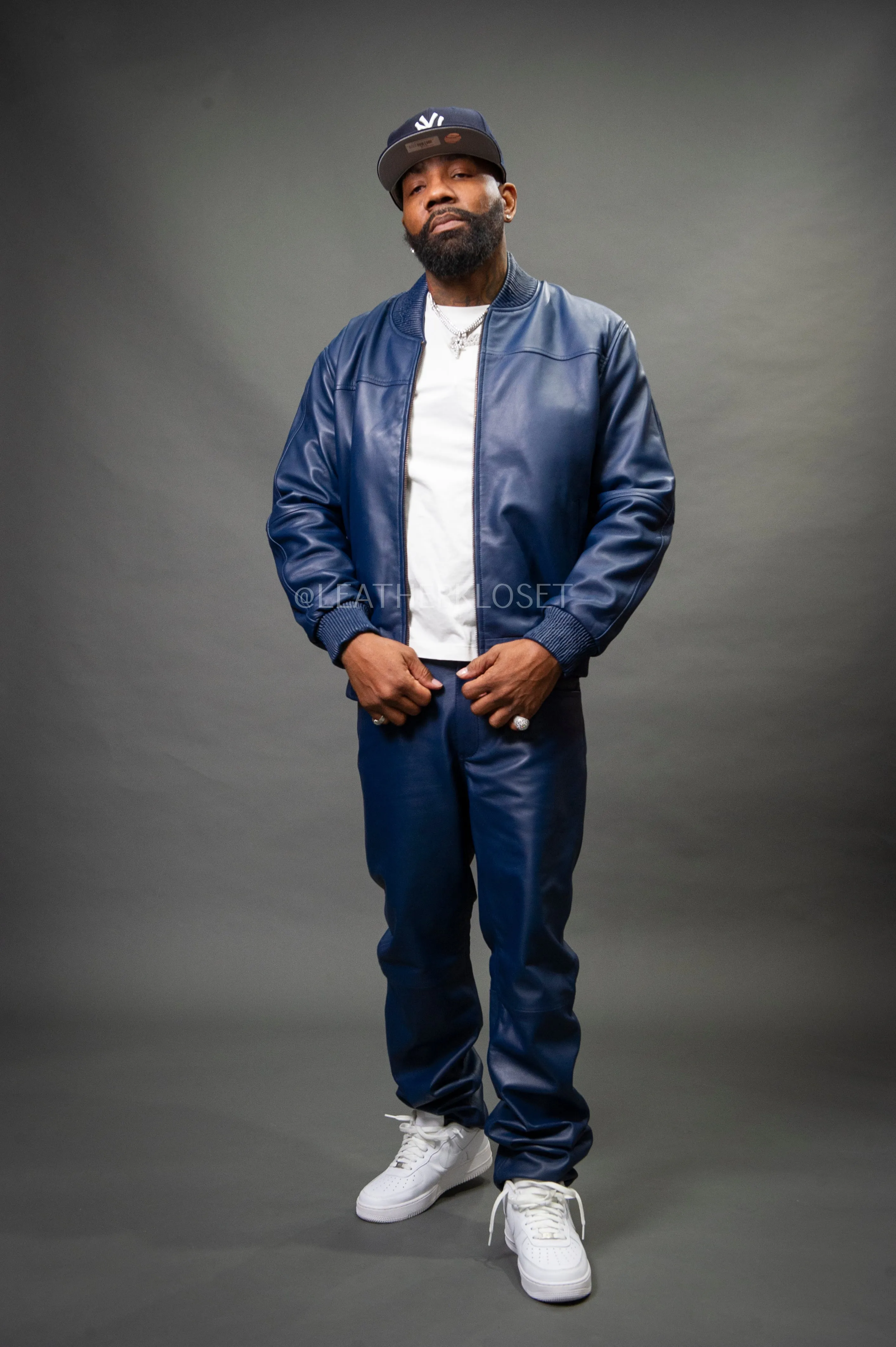 Men's Leather Baseball Jacket & Leather Jean Pants [Navy]