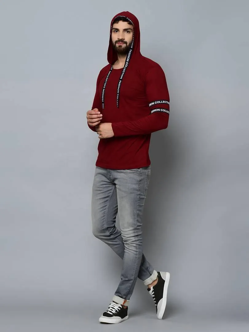 Men's Maroon Cotton Self Pattern Hooded Tees