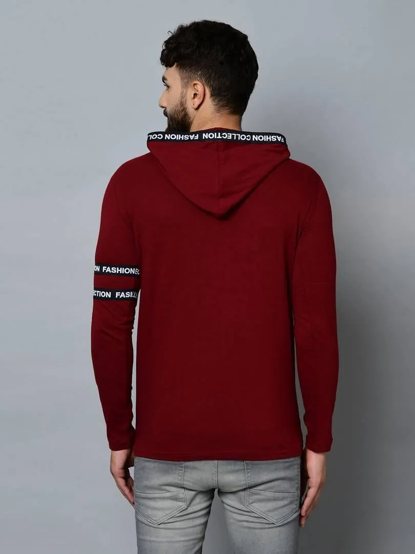 Men's Maroon Cotton Self Pattern Hooded Tees