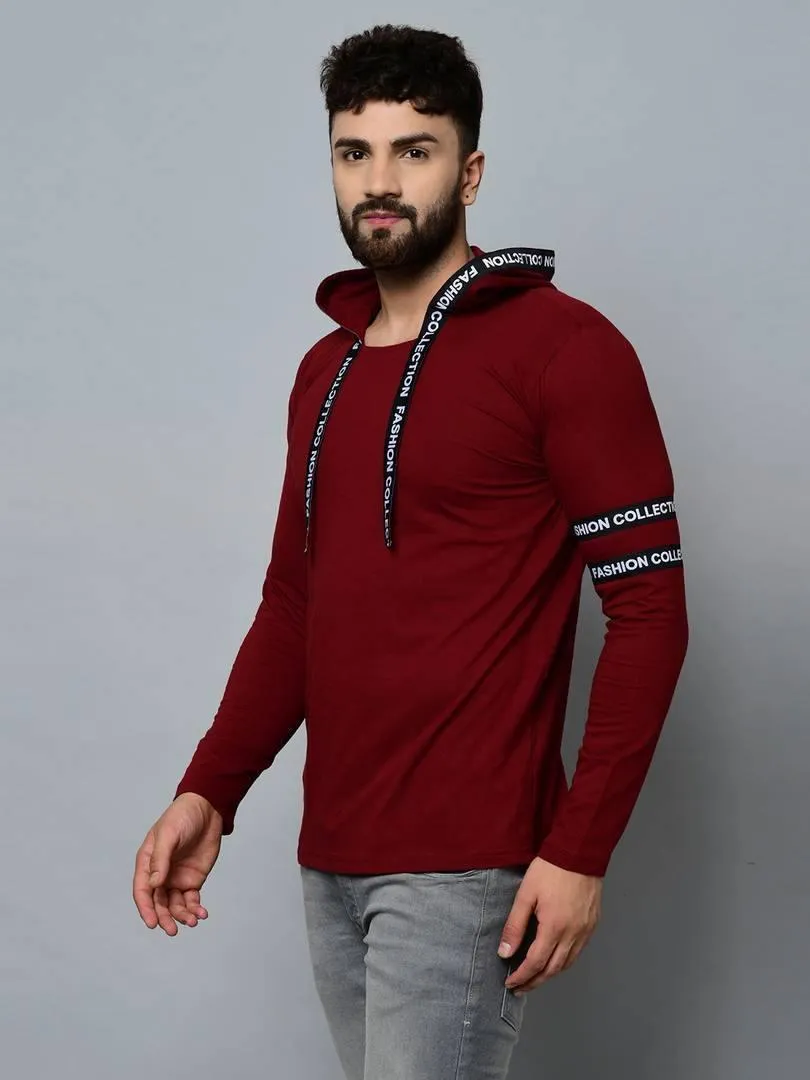 Men's Maroon Cotton Self Pattern Hooded Tees