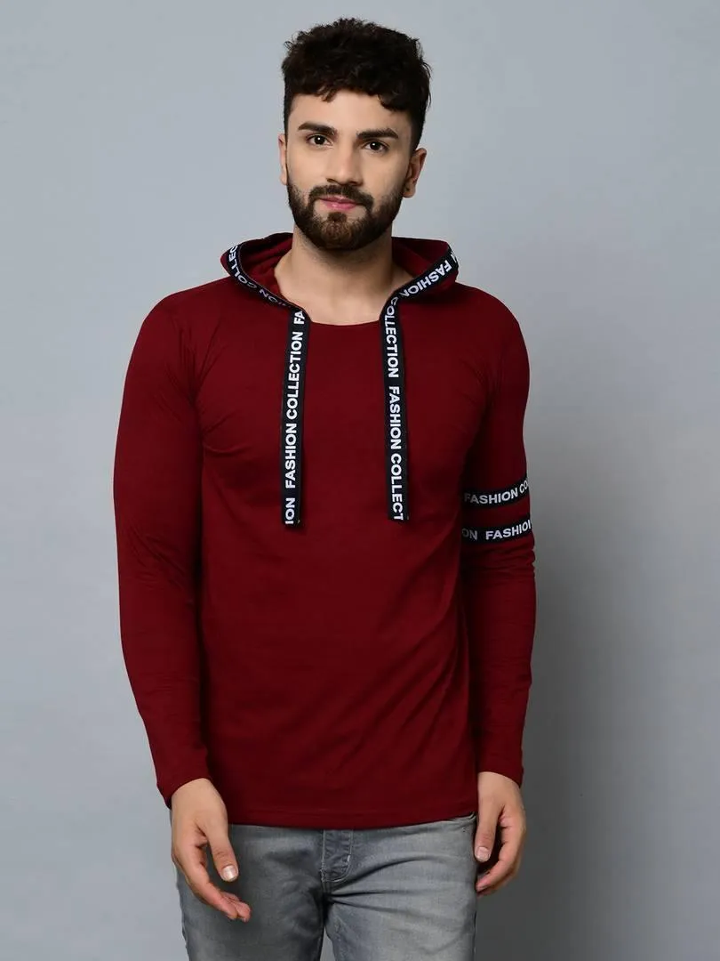 Men's Maroon Cotton Self Pattern Hooded Tees