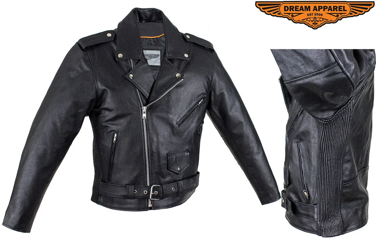 Mens Motorcycle Jacket With Snap Down Collar & Belt