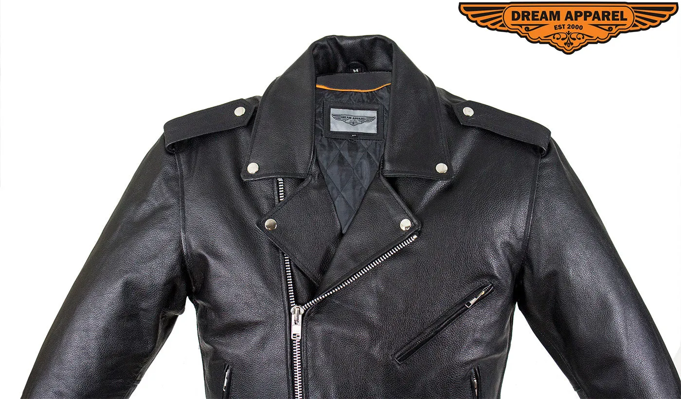 Mens Motorcycle Jacket With Snap Down Collar & Belt