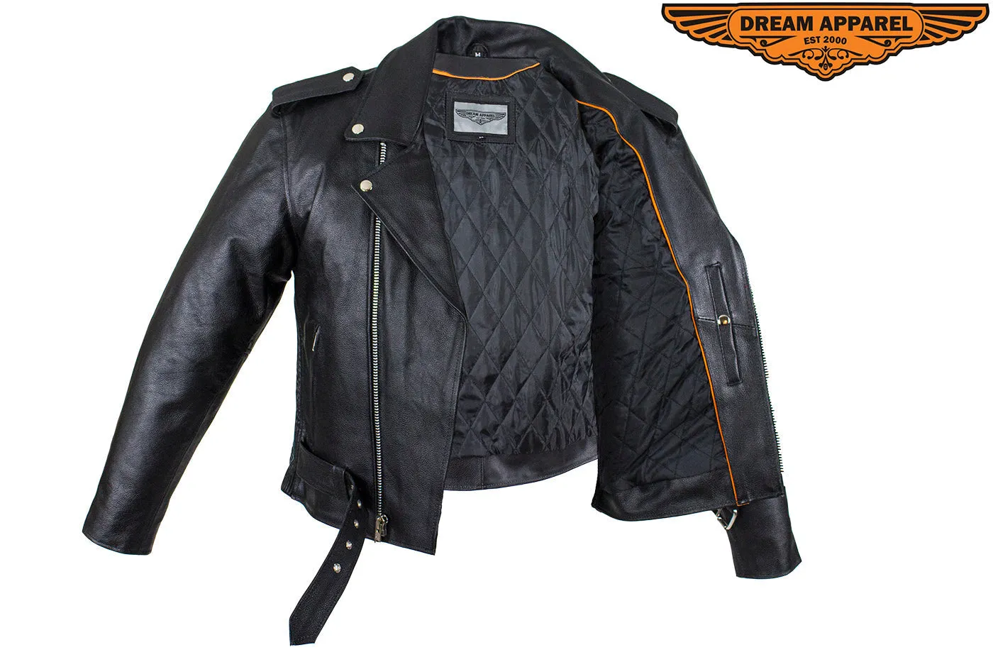 Mens Motorcycle Jacket With Snap Down Collar & Belt