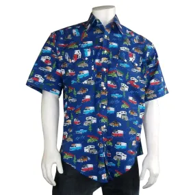 Men’s Retro Campers Print Short Sleeve Western Shirt in Navy